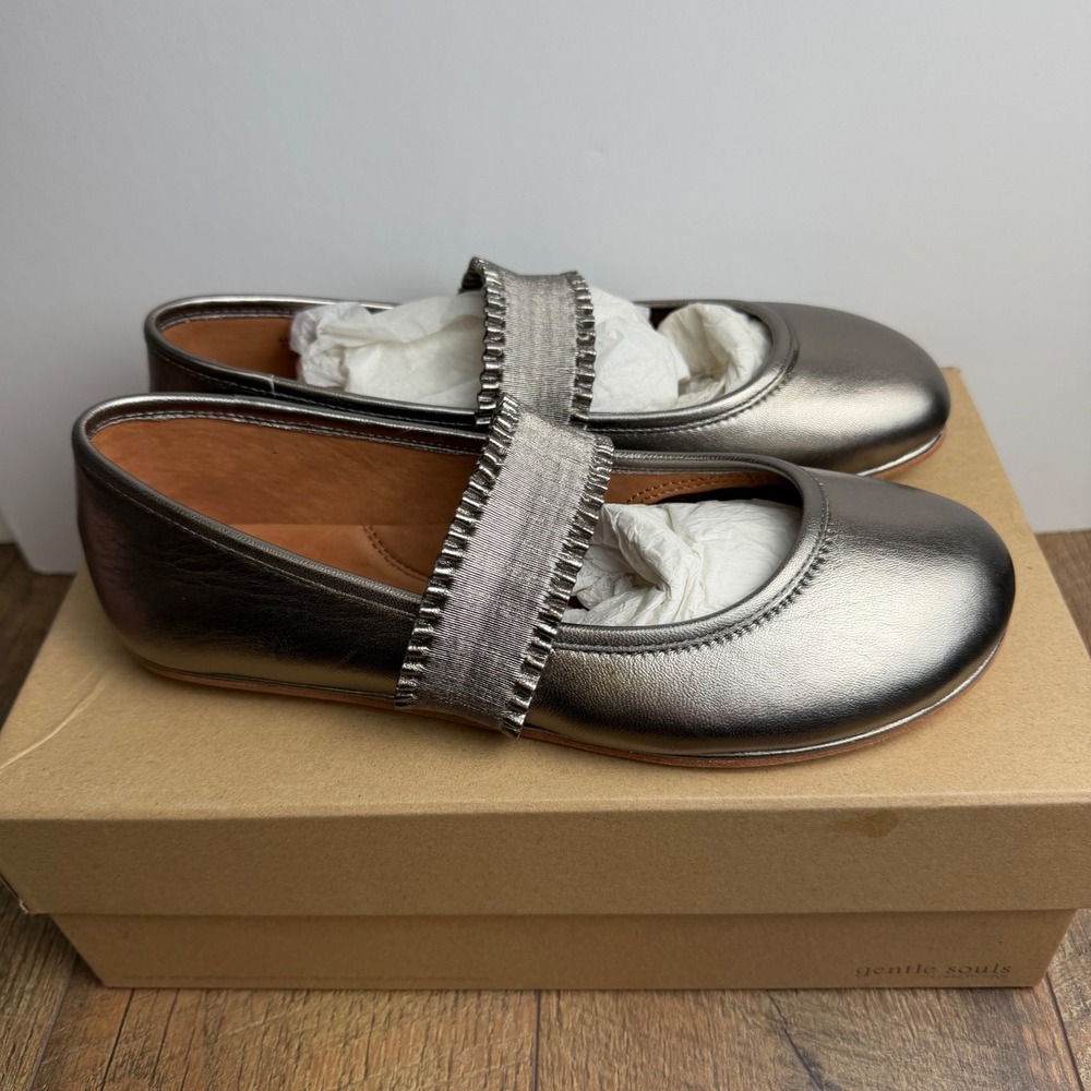 Gentle Souls Gabby MT Ballet Flats Women 7.5 Pewter Metallic Leather Comfort